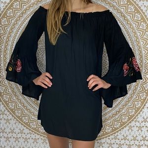 Feathers Black Embroidered Bell Sleeve Tunic